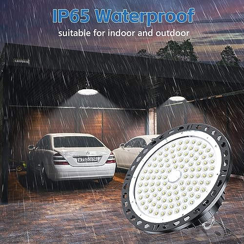 TOPAUBUB 100W UFO LED Interior Ceiling Spotlights, 4 Pieces, LED Ceiling Lamps 10000LM IP65 6500K with Metal Chain 30 cm, Driver, Industrial Spotlight for Garage