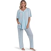 Miss Elaine PJ Set - Women's Nylon Tricot Pajama Set, Short Sleeves, Round Neckline with Embroidered Trim, Button Front Top