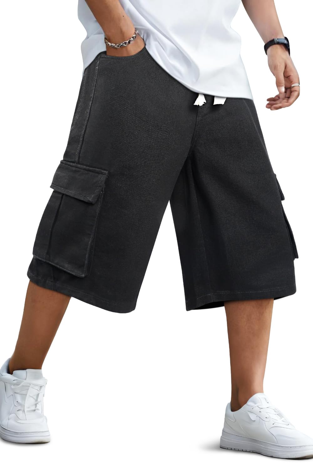 Photo 1 of GINGTTO Mens Baggy Jorts Loose Fit Long Cargo Shorts for Men Hip Hop Big Tall Jean Shorts Men 3/4 Hip Hop Black 42