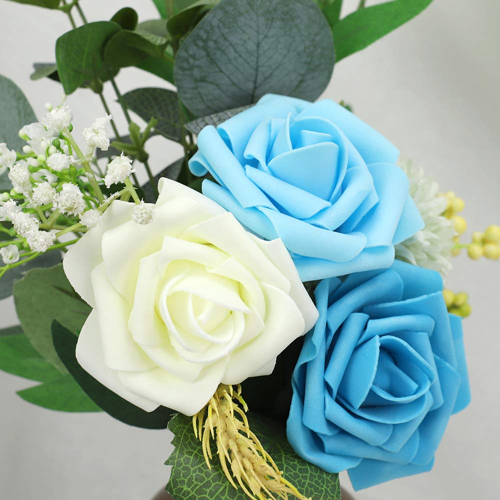 HOHOTIME Artificial Flowers 42 pcs, Real Touch Roses in Mixed Colors w/Stem for Decoration Crafts Wedding DIY Bridal Shower Party Home Decor (Blue Gradient Combo)