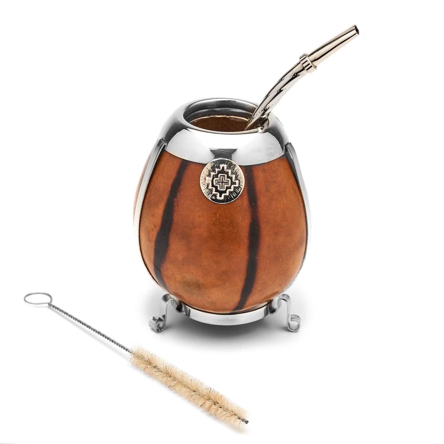 balibetov [New Handmade Yerba Mate Gourd Set - German Silver Trim and Base - [Mate Cup] with Bombilla [Yerba Mate Straw] (Beige)