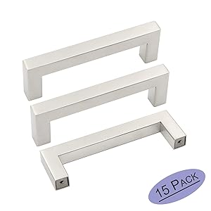 goldenwarm Modern Cabinet Handles Brushed Nickel Cabinet Hardware - LSJ12BSS102 Pack of 15 Square Corner Bar Kitchen Cabinet Door Handles 4in Hole Spacing File Drawer Pulls