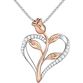 Valentines Gift Rose Necklace for Women Cubic Zirconia Love Heart Pendant Necklace, Silver & Rose Gold 2-Tone Rose Pendant with Jewelry Box Birthday Gifts for Her