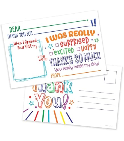 Kids Fill In The Blank Thank You Postcards - 25 Card Set - Fun Gender Neutral Thank You Notes For Boys Or Girls