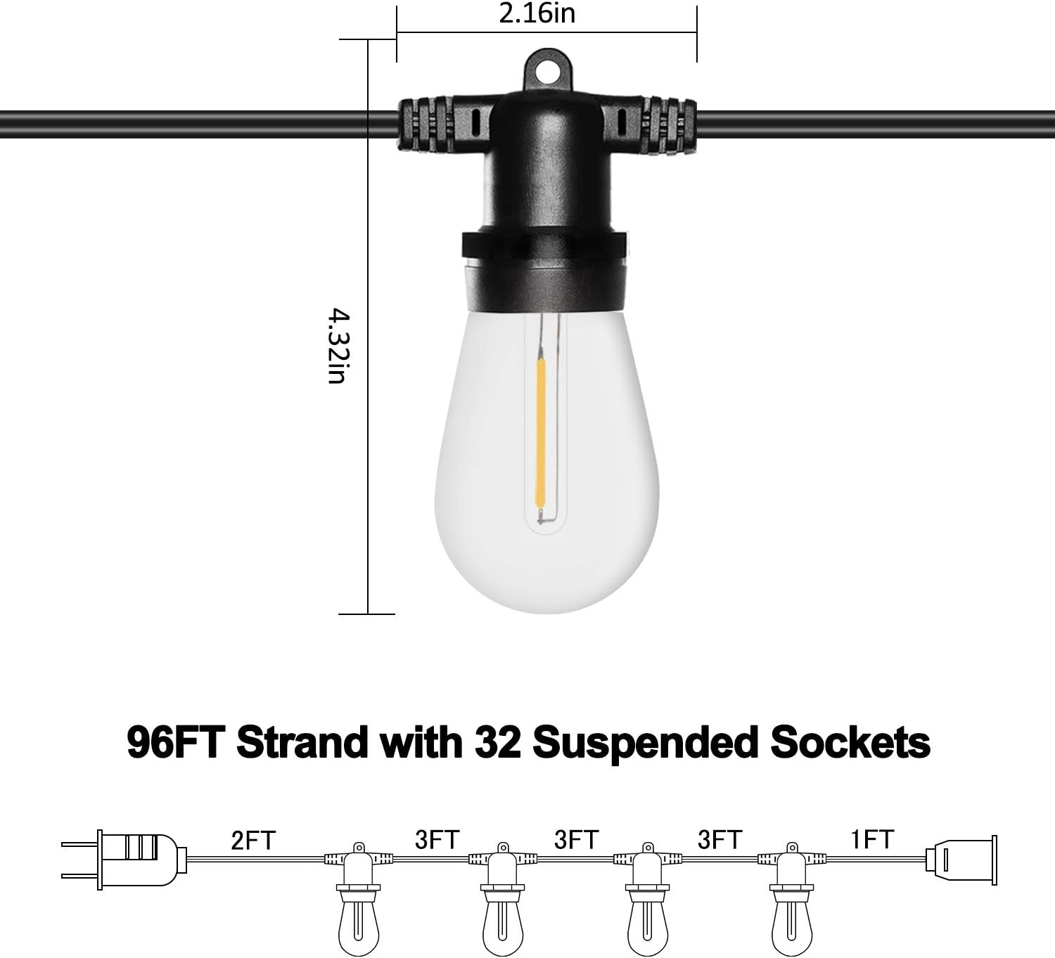 SUNTHIN 96FT LED Outdoor String Light with Shatterproof LED Filament Bulb for Patio Lights, Backyard Lights, Porch Lights, Party Lights and Commercial Lighting - - 