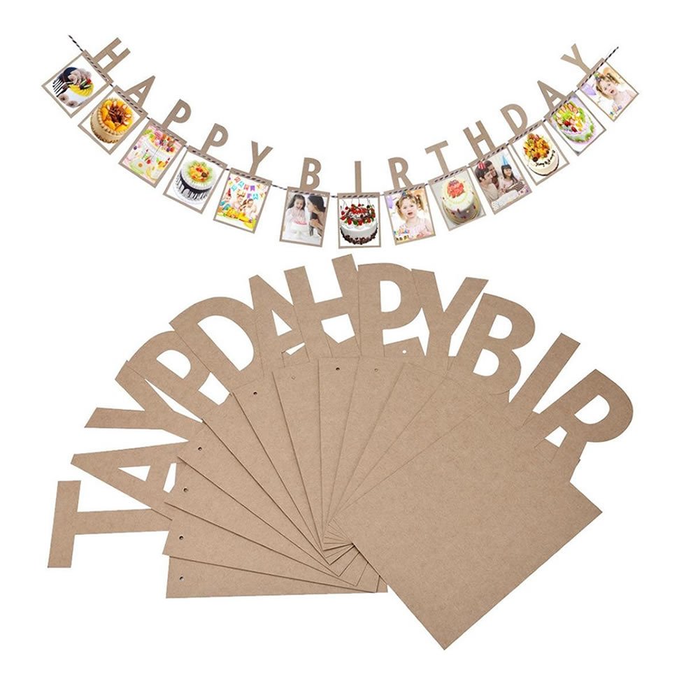 Veewon Happy Birthday Bunting Banner Vintage Photo Frame Picture Album Photo Banners Garland Favor Decorations,Brown,Medium