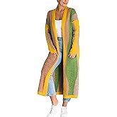 chouyatou Women's Fall Open Front Color Block Long Cardigan Sweater Coat Casual Vertical Striped Coatigan