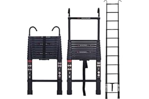 DICN 10.5ft Telescopic Folding Ladder Extension Aluminum 3.2m Black Straight Ladder with 2 Roof Hooks Attic Telescoping Ladder Portable Foldable Anti-Slip Multi-Purpose EN131 Safe Standard MAX Load 330LB …