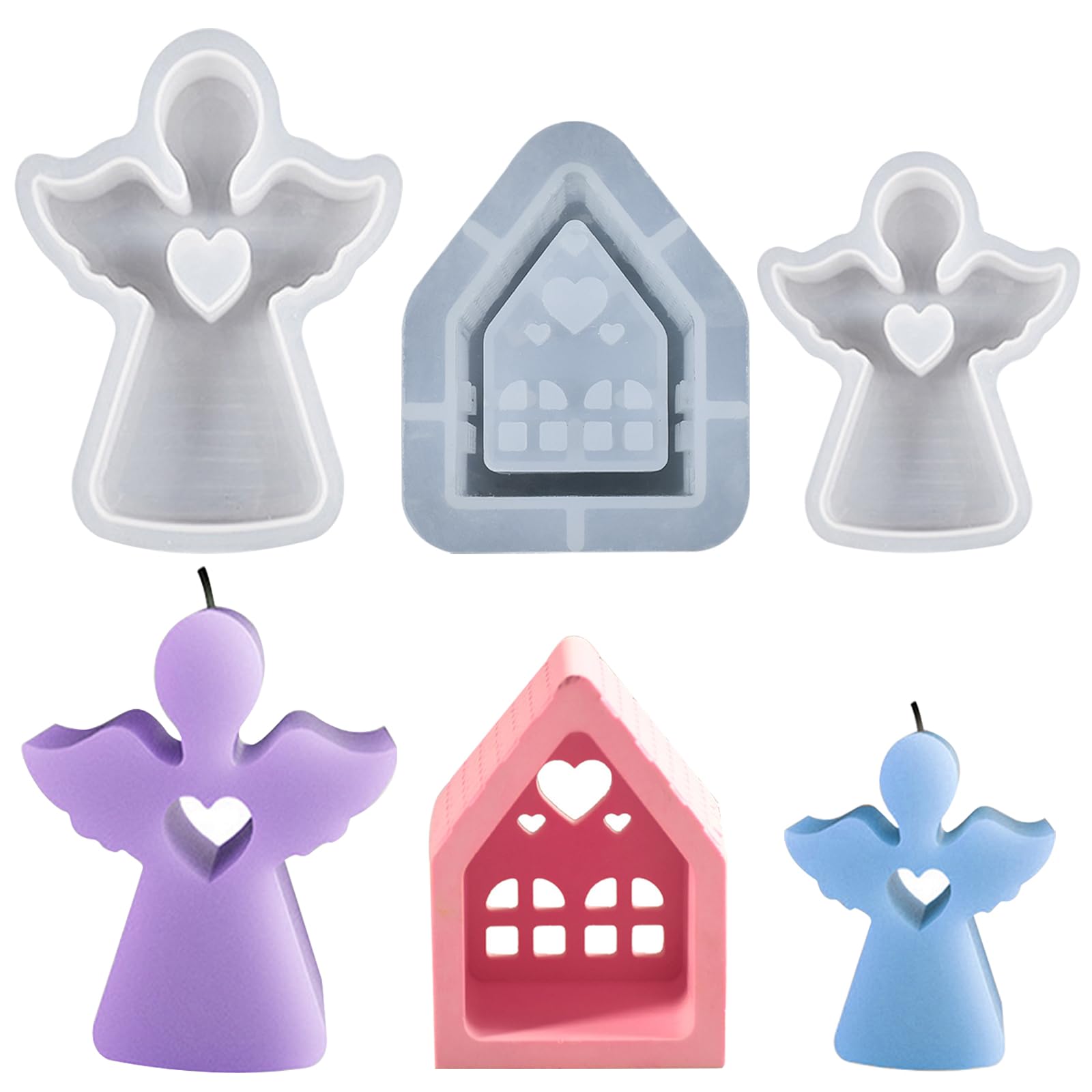 JSTHHTT 3 Pcs 3D Christmas Candle Moulds, Xmas Resin Moulds, Handmade Candle Making Mould, for DIY Decoration, Home Garden Ornaments, Christmas Decoration (House and Angel)