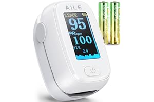 AILE Pulse Oximeter with Fingertip Oxygen Meter, Compact Fingertip Pulse Oximeter - Blood Oxygen/Heart Rate Monitor - 4 Color Screen Display - Including 2AAA Batteries for Athletic & Home