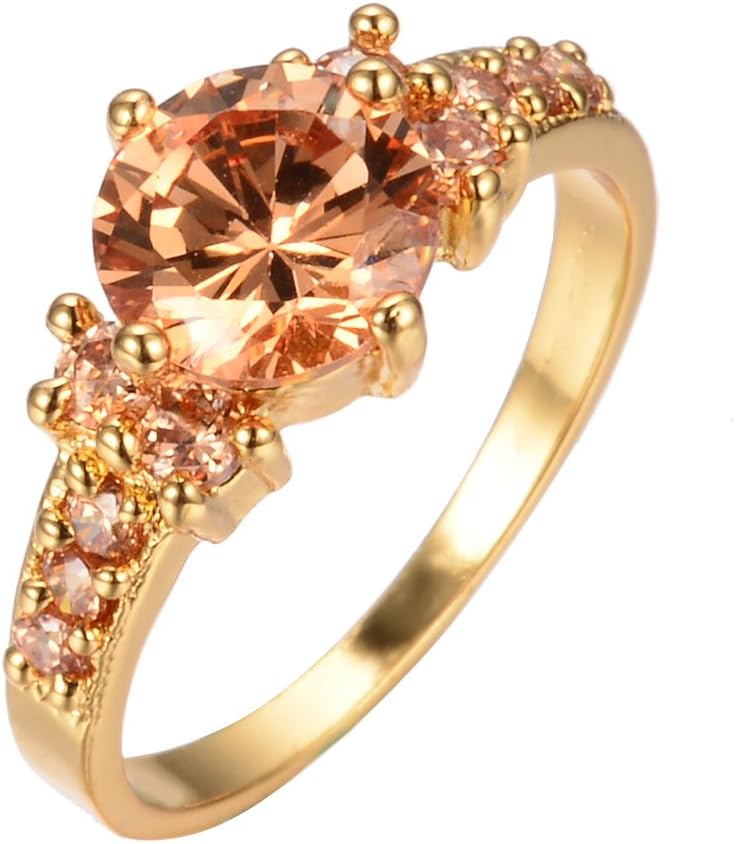 Bamos Jewelry 10KT Gold Plated Women Ring Diamond Cut Style Big Champagne CZ Ring with Small Diamond Gold Wedding Ring