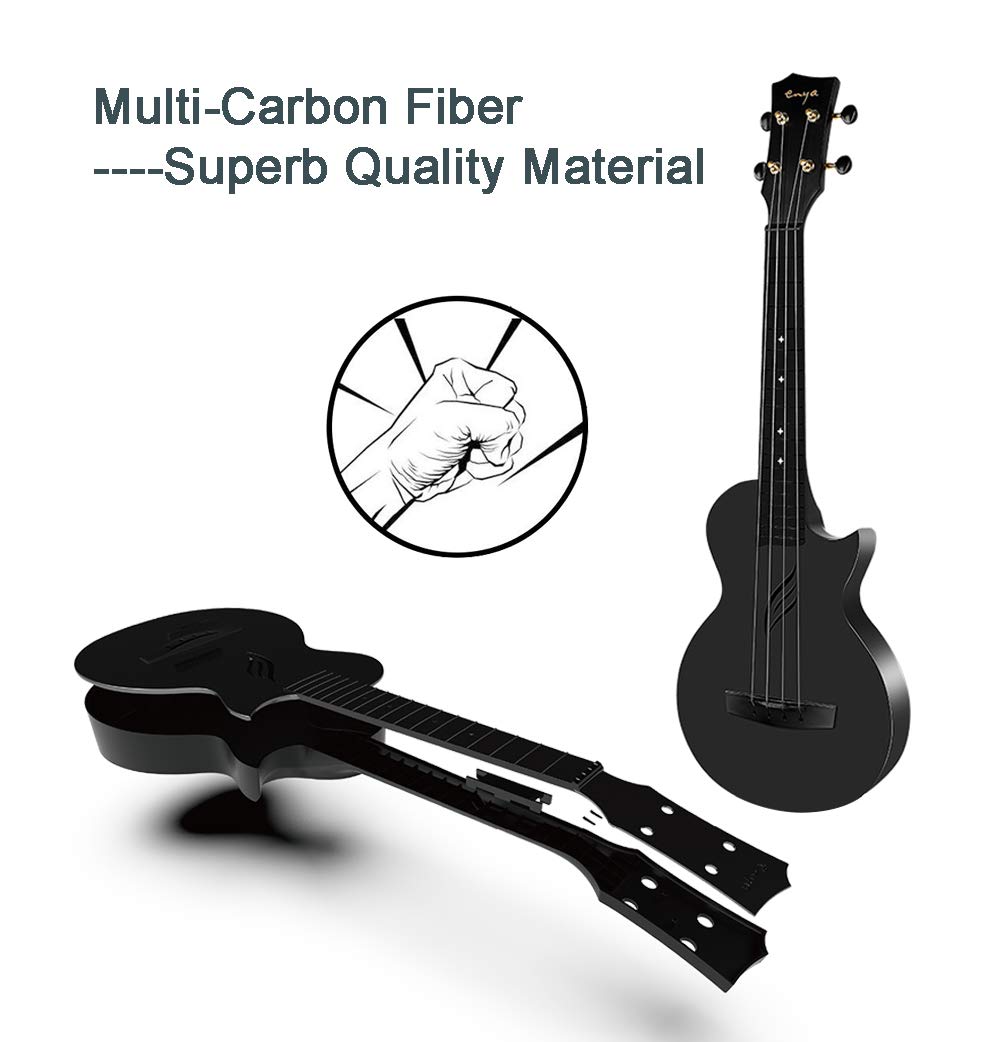 Enya Concert Ukulele Nova U 23’’ Carbon Fiber Travel Ukulele with Beginner Kit includes online lessons, case, strap, capo and strings (Black)