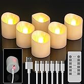 SoulBay Flameless Candles Rechargeable Battery Operated with Remote Timer, 6pcs LED White Flickering Electric Tea Lights Votives for Lantern Wedding Table Home Decoration, USB Cable Included