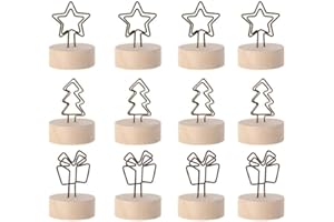 YBB 12 Pcs Christmas Wooden Base Place Card Holder, Xmas Tree Star Gift Shaped Picture Memo Note Photo Clip Number Holder Table Card for Christmas Party Wedding Home Bar Decoration