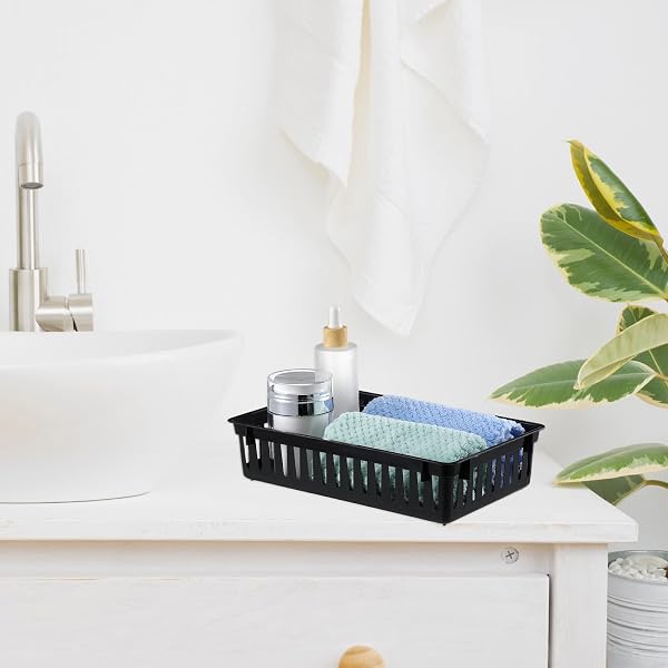 WENQIK 24 PCS PLASTIC STORAGE BASKETS FOR CLASSROOM ORGANIZING SMALL PANTRY STORAGE BINS RECTANGULAR TRAY FOR BACK TO SCHOOL HOUSEHOLD TOYS CLASSROOM BEDROOMS, KITCHENS COUNTERTOPS(BLACK)