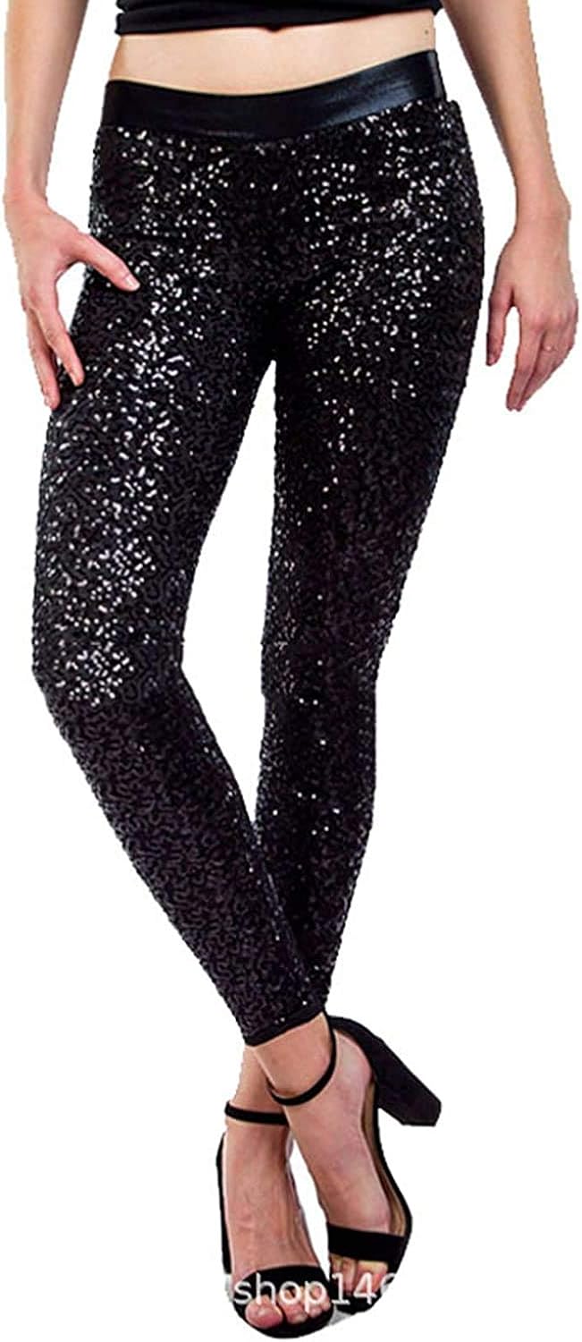 Bienwwow Womens Glitter Trousers Sexy Shiny Pants Sequin Disco Clubwear
