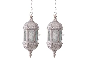 GKanMore 2Pcs Hanging Candle Lantern Retro Moroccan Candle Holder Hollow Metal Glass Candle Holder Lantern with 15.7" Hanging