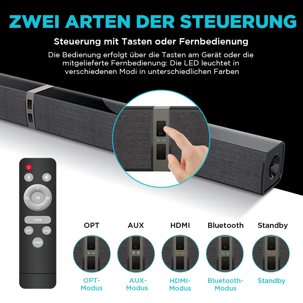 HoYLluDLL 2.0-Kanal Soundbar für TV Geräte, 32 Zoll Teilbare 2-in-1 Soundbar für TV Soundbar Bluetooth mit 3 EQ-Modi und 3D Surround Sound, TV Lautsprecher Soundbars mit ARC/Optisch/Aux, 1pcs 5