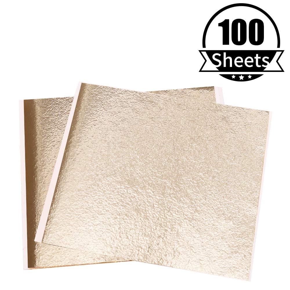 Imitation Gold Foil Sheets - KINNO Antique Gold Leaf Paper for Arts Decoration, Gilding, Nails, Handcrafts, Picture Frames, Sculpture, Furniture, and Wall, Paintings, 100 Sheets 5.1 by 5.3 Inches