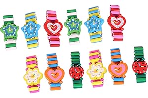 WOFASHPURET 12pcs Wooden Toy Watches for Kids, Cartoon Analog Fake Wristwatches, Party Favor Set Random Color