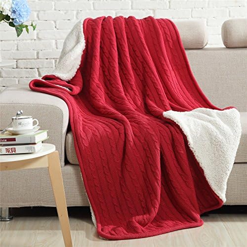 Chunky Thickening Warm/Cozy/Soft Plush Fluffy Velvet 100% Cotton Cable Couch Cover Knitted Throw Blanket Multi Color(Red, 59" 79'')