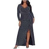 Betsy & Adam Women's Plus Size V-Neck Long Sleeve Metallic Knit Casading Ruffle Side Slit Dress