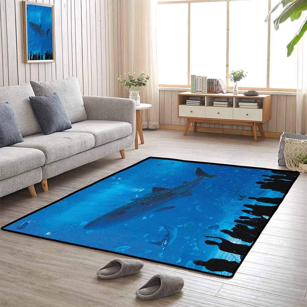 Shark Collection Area Mat Rug Japanese Aquarium Park with People Silhouettes Watching Underwater Life Hobby Image Machine Washable 5'x8' Blue Black