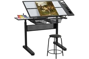 LANDPINK Glass Drafting Table Art Desk – Adjustable Professhional Artwork Drawing Drafting Table Desk, Glass-Topped Art Table for Craft Station Studio Home Office School w/Drawers/Chair (Black-Upgraded)