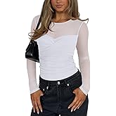 REORIA Women's Sexy Round Neck Long Sleeve Trendy Front Twist Knot Sheer Mesh Ruched Going Out Bodysuits Tops