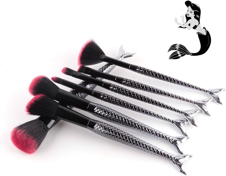 Lospu HY 7 Pcs Cosmetic Mermaid Brush Professional Powder Mermaid Makeup Brushes Set Beauty Foundation Contour Fish Brush Make Up Tool Kits