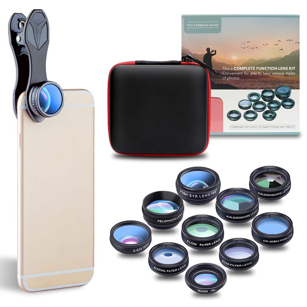 Phone Lens Kit, JoyGeek Universal 10-in-1 Camera Lens Kit 198° Fisheye, Wide & Macro Detachable Lens, 2x Telephoto, Kaleidoscope 3/6, Flow/4-Line Star/Radial Filter/CPL Clip-on Lens for Most of Smart Phones and Tablets