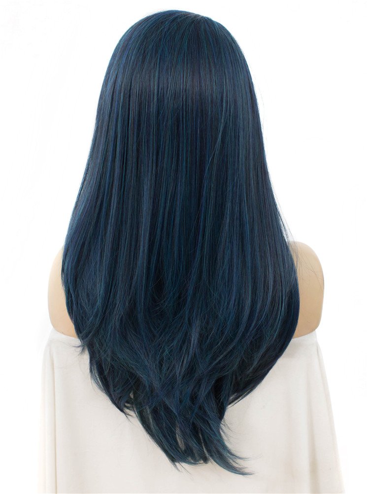 Imstyle Long Straight Lace Front Wig Gray Blue Mix Color Natural Hairline For Cosplay Costume 24 Inches