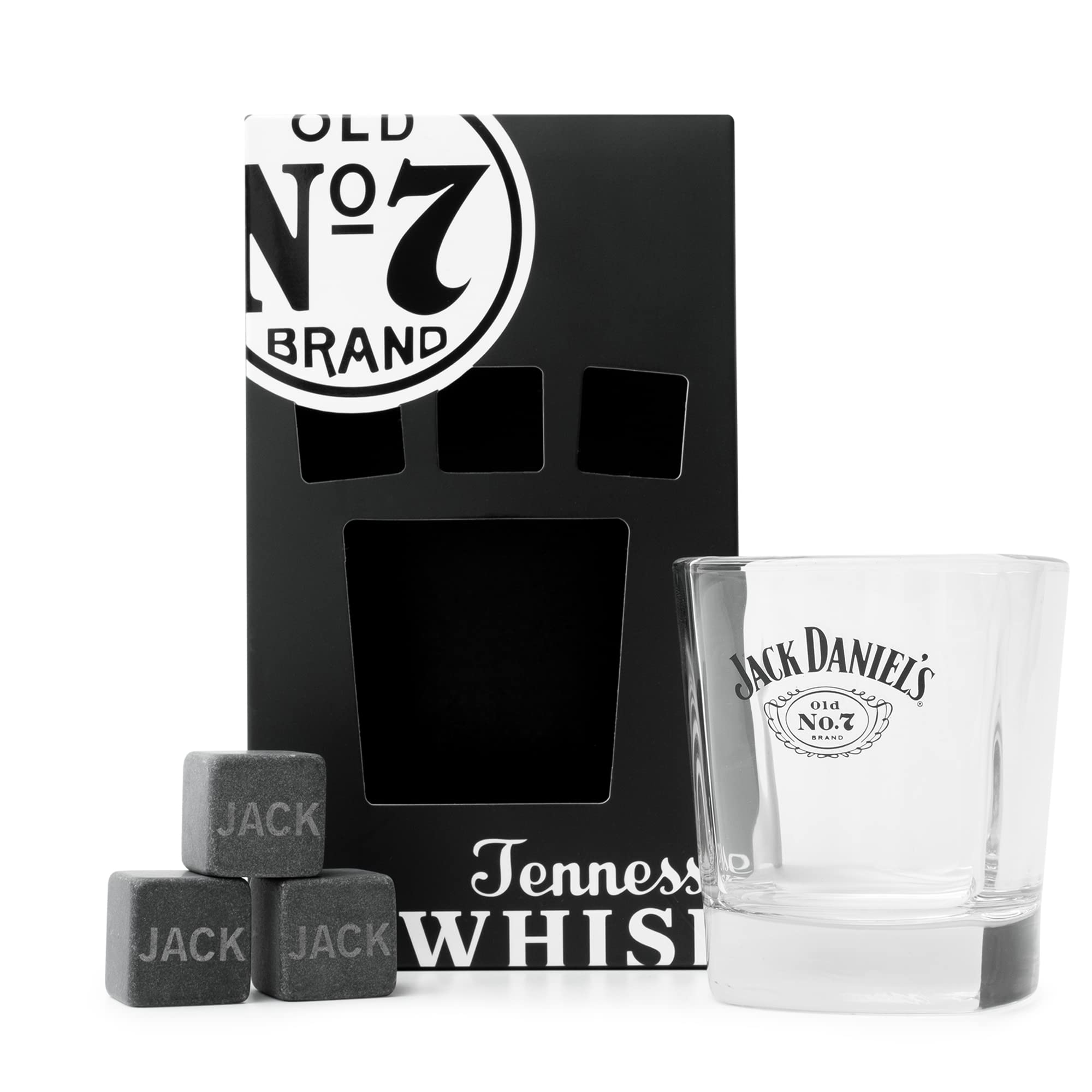 Jack Daniels Whiskey Stones and Glass Gift Set - Whisky Gifts for Men, Old Fashioned No. 7 Whiskey Glass and 3 x Whisky Stones - Jack Daniels Gifts for Men, Birthday, Boyfriend, Valentines Day