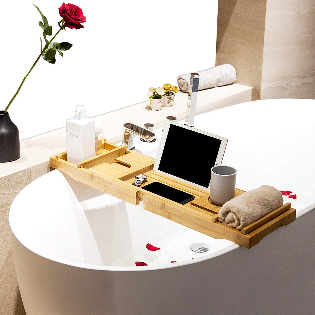 FILWH Luxury Bamboo Bathtub Tray, Premium Bath Caddy with Extending Sides, Book Holder, Tablet Holder, Cellphone Tray & Wineglass Holder