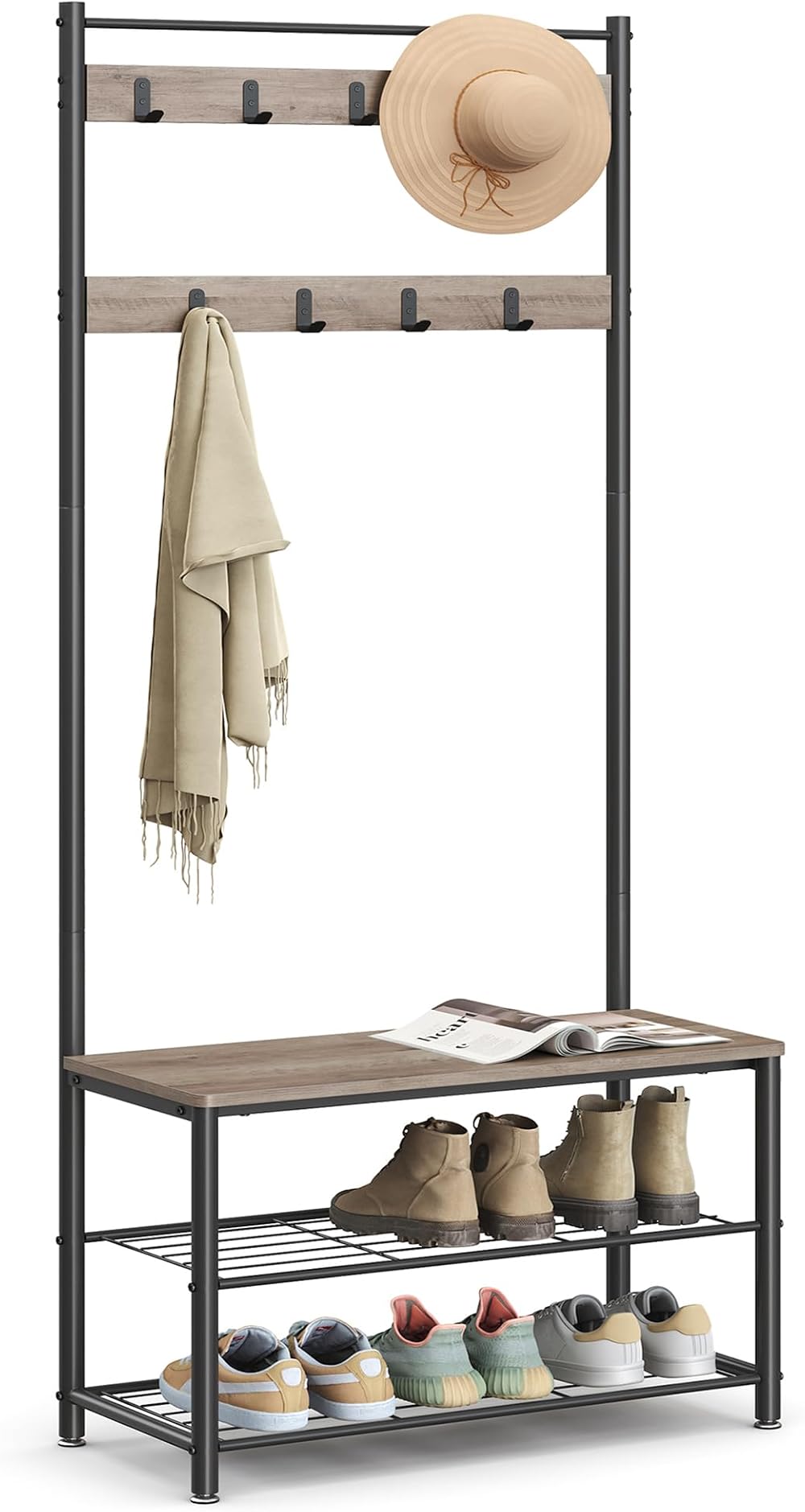 VASAGLE 3 in 1 Coat Stand with Shoe Rack Bench Steel Frame 70 cm High