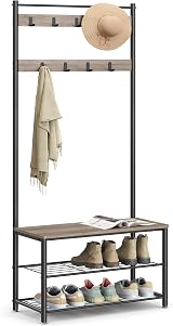 VASAGLE 3 in 1 Coat Stand with Shoe Rack Bench Steel Frame 70 cm High