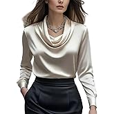 Women's Satin Cowl Neck Long Sleeve Blouse Elegant Silky Formal Office Top for Work, Business