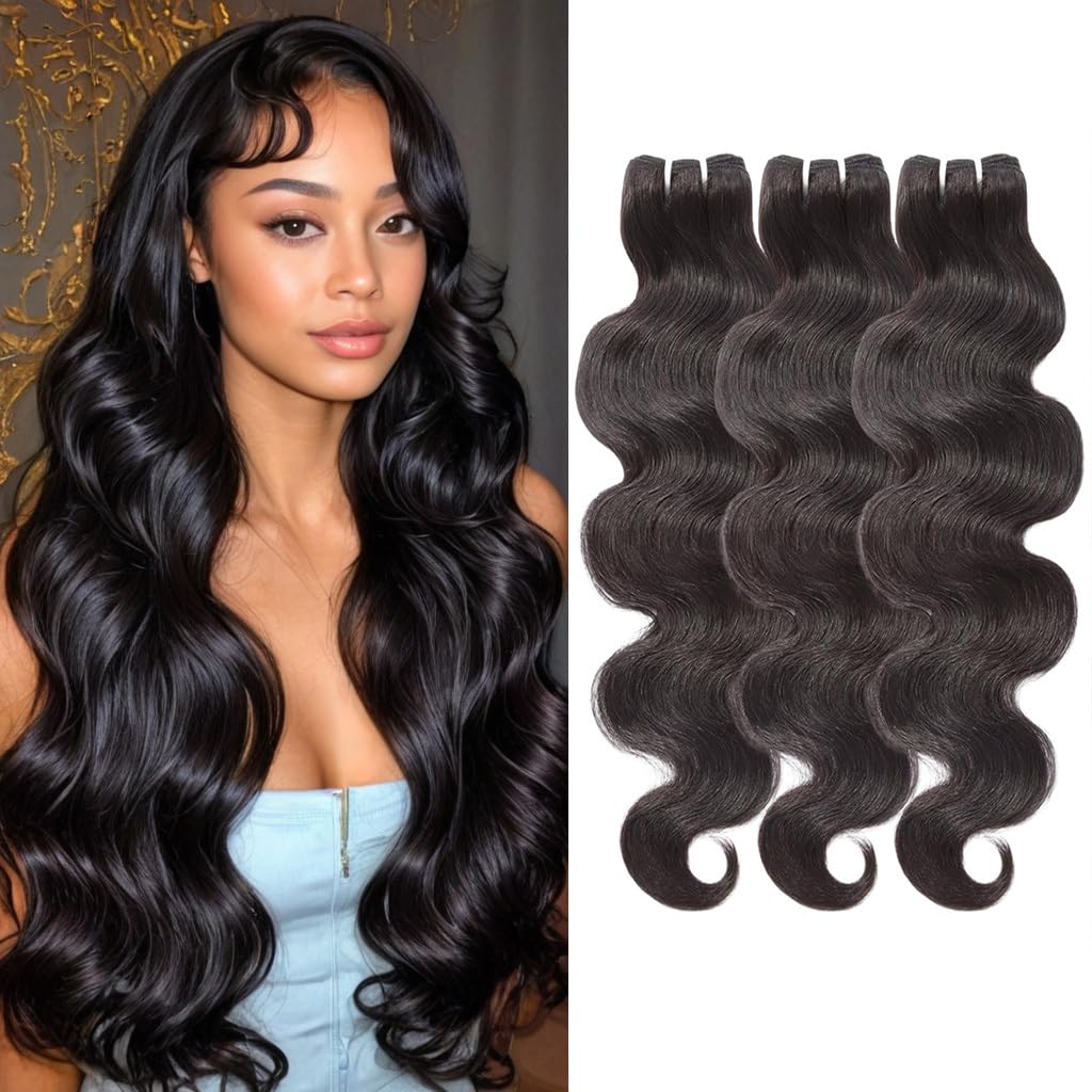 Photo 1 of Wequeen 16A Body Wave Straight Human Hair Bundles 100% Unprocessed Brazilian Virgin Hair Quick Weave Bundles Human Hair Extensions Real Human Hair Natural Black,Body Wave 22 24 26 Inch