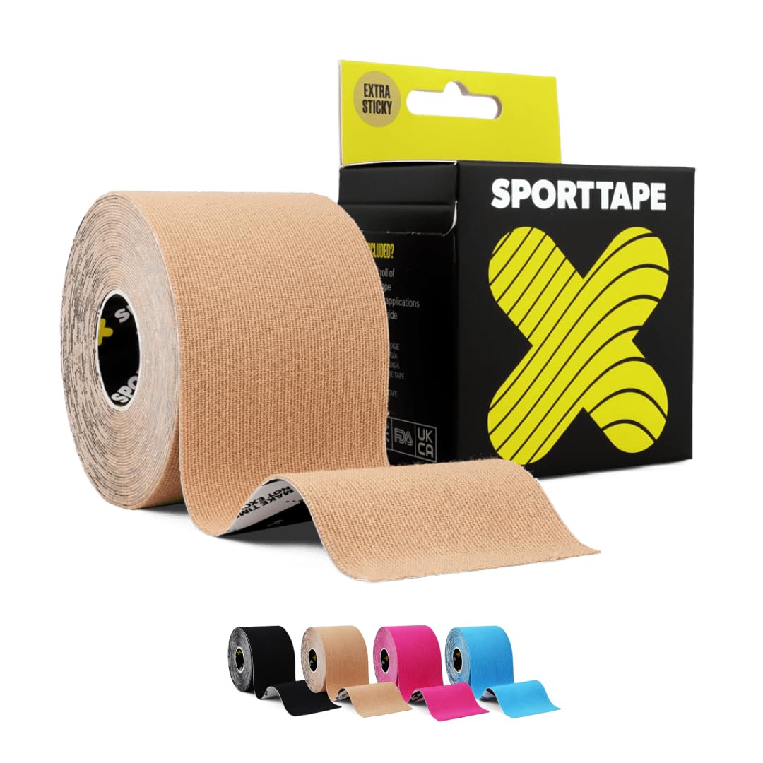 SPORTTAPE Original Kinesiology Tape 5cm x 5m, Beige - Hypoallergenic, Waterproof K Physio Tape for Muscle Injury Relief, Recovery, Support, Shoulder, Back & Joints - Uncut Single Athletic Roll