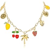 Gold Charm Necklace for Women Hawaii Style Chain Necklace with Cute Dangle Coconut Tree Cherry Lemon Mango Strawberry Heart Fruit Pendant Adjustable Trendy Y2K Summer Beach Jewelry Gift for Women