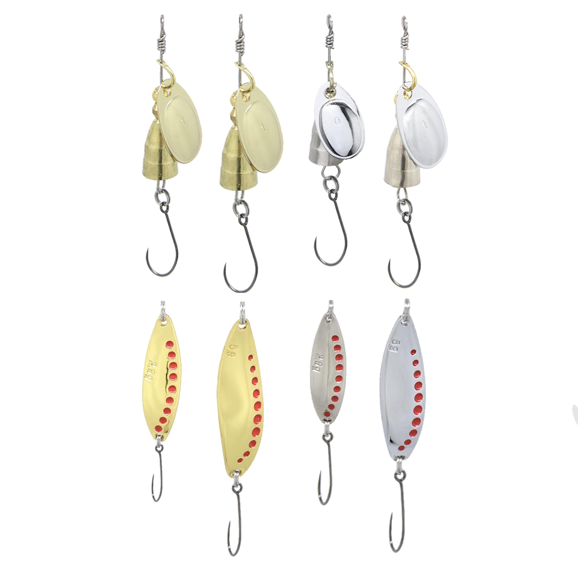 RIGGED & READY TRAVEL FISHING - Small Fish Rig Premium Spinners and Spoons - 8pcs Barbless Fishing Lures Set – 4 Spinners, 100% Barbless - Classic Designs (Small - 8 Piece)
