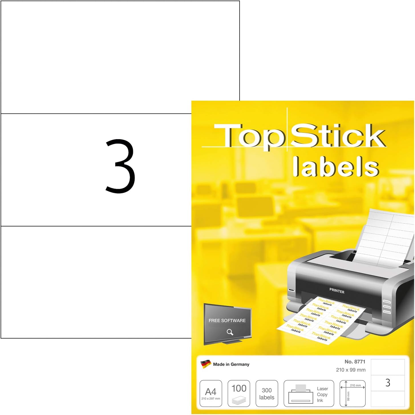 TopStick 8771 Multi-Purpose Labels, 3 Labels Per A4 Sheet, 210 x 99 mm, 300 Labels, Self Adhesive