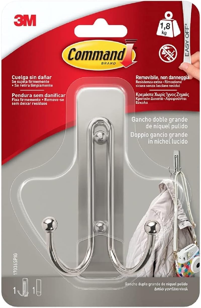 Command 3M 17036 Polished Nickel Large Double Hook 1 Hook 1 Strip 1.8kg
