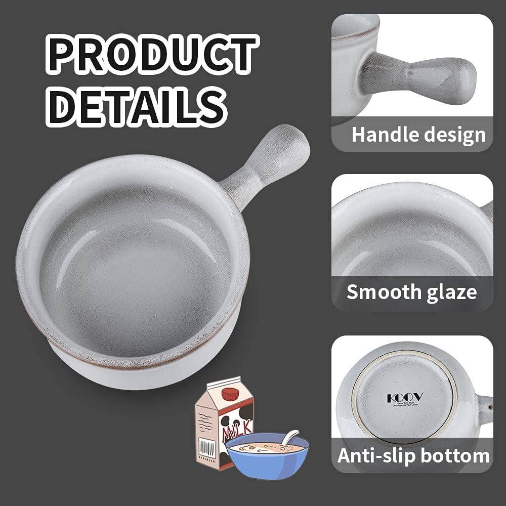  | KOOV French Onion Soup Bowls With Handles Microwave Safe, 15 Oz Ceramic Soup Crocks for Oatmeal, Cereal, Stew, dessert, Reactive Glaze Set of 4 (Variable Grey): Soup Bowls