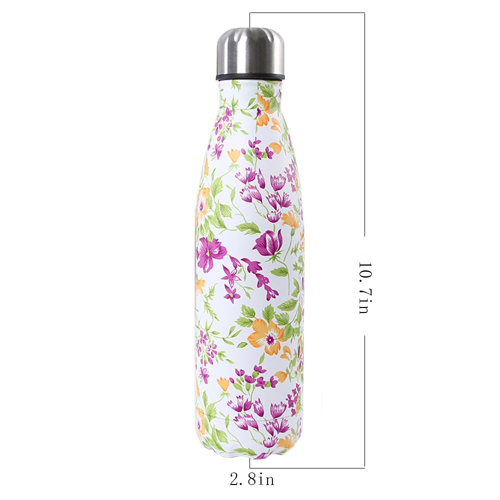 Double Walled Stainless Steel Vacuum Water Bottle, Y Chen Portable Travel Sports Leak-Proof No Sweat Cola Shape Bottle Keep You Drink Cold & Hot,17oz(500ml)Purple Flower