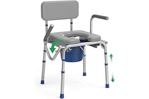 Loyoda Drop Arm Bedside Commode, Commode with Padded Seat and Backrest, 500lbs Capacity, 5.81QT Removable Bucket, Adjustable Height Portable Toilet for Adults, Gray