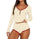 Lacozy Womens Pajama Sets Sexy 2 Piece Sexy Pj Set Woman V Neck Button Long Sleeve Crop Top and Shorts Lounge Sets
