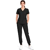 SUNME Scrubs for Women Set, V Neck Top &amp; Jogger Pants with 9 Pockets | Slim Fit, Yoga Waistband, Soft Breathable Fabric for Long Shifts, Wrinkle-free, Easy Care, Daily Medical Uniforms