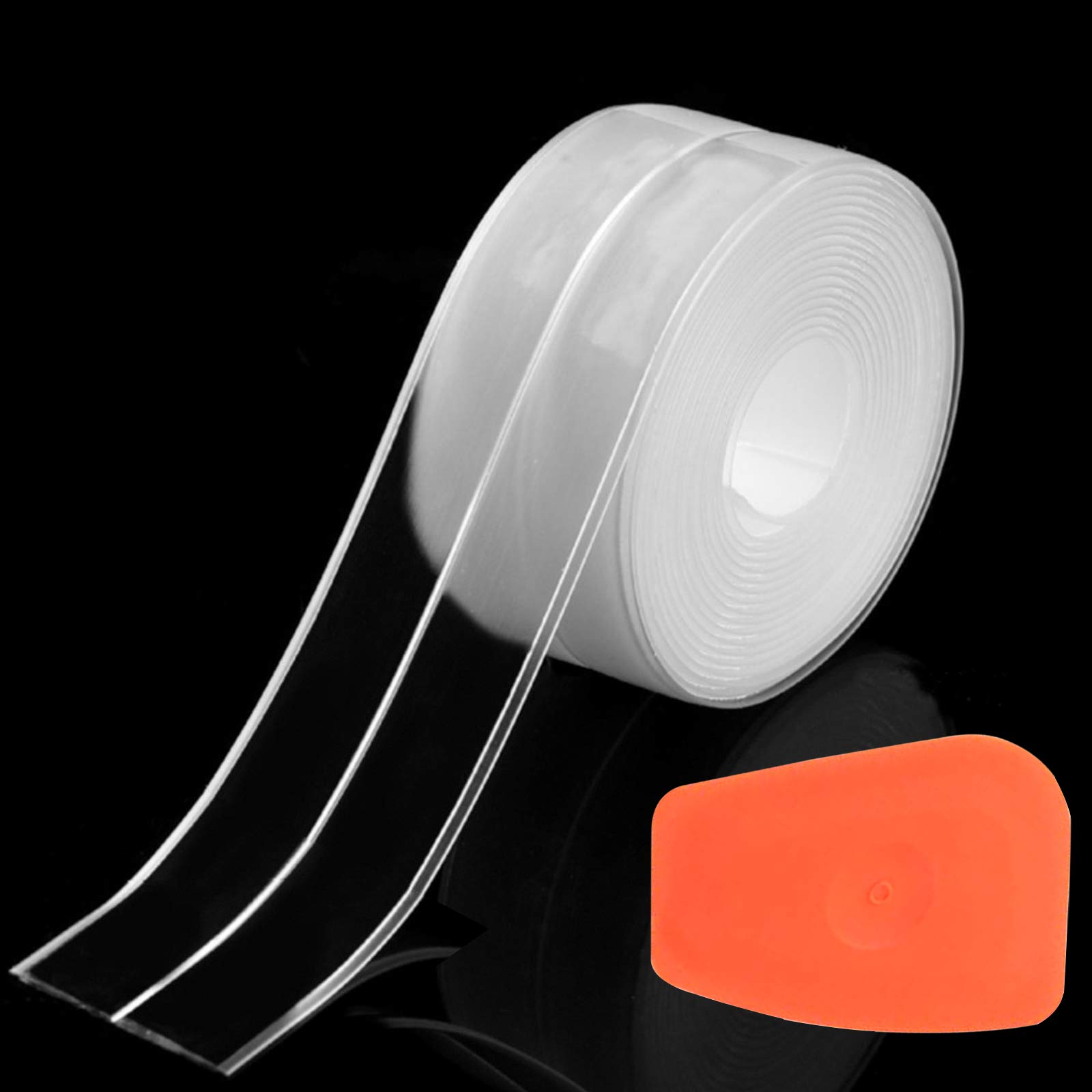 Waterproof Caulk Strip Bath Sealant, Transparent & Adhesive Caulk Tape with Silicone Removal Scraper, Sealing Tape for Bathroom Tubs Toilet Kitchen (126 x 1.5 in)