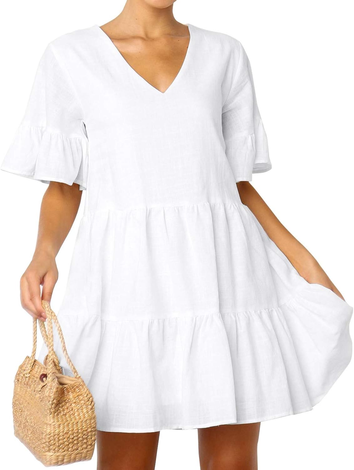 FANCYINN Women’s Cute Shift Dress with Pockets Fully Lined Bell Sleeve Ruffle Hem V Neck Loose Swing Tunic Mini Dress at  Women’s Clothing store